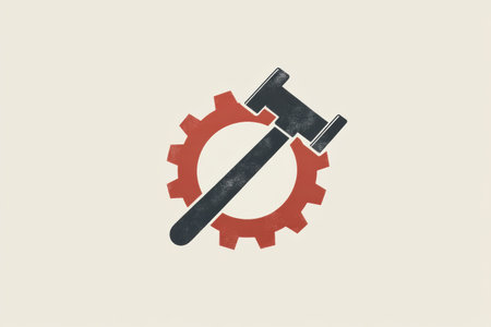 A powerful Labor Day logo showcases a gear intertwined with a hammer, emphasizing industrial strength in a modern flat design.の素材