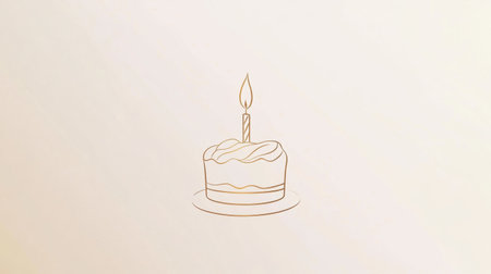 A minimalist outline logo of a birthday cake with one lit candle brings warmth and elegance, set on a soothing pastel backdrop.の素材