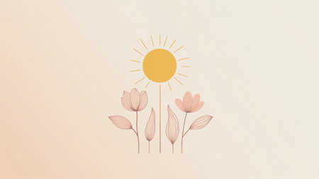 Delicate floral logo featuring a sun and blooming flowers on a soft pastel gradient background, embodying a clean and minimal aesthetic for branding.の素材