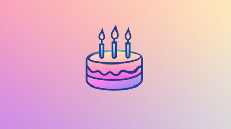 A stylish logo depicts a birthday cake adorned with three candles, set against a soft pastel gradient backdrop, perfect for celebrations and events.の素材