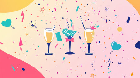 Sleek party-themed logo showcases stylish celebratory icons against a colorful background, ideal for events like birthdays, weddings, and festive celebrations.の素材