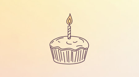 Simple design features a birthday cake with a lit candle, showcasing a clean outline against a soft and warm background for celebration themes.の素材