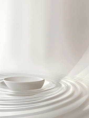 Gentle ripples spread across a calm water surface, creating a serene atmosphere. Subtle reflections enhance the minimalist elegance of the scene.の素材