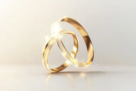 Sleek wedding rings rest on a soft white backdrop, showcasing delicate golden reflections that enhance the romantic and sophisticated feel of the design.の素材
