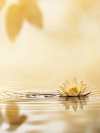 Gentle ripples create a serene atmosphere as a water lily floats gracefully, surrounded by subtle reflections in a minimalist backdrop.の素材
