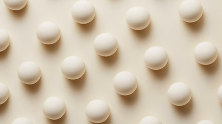Structured arrangement of matte white spheres on a soft neutral background showcases elegance and simplicity, ideal for modern minimalist interiors.の素材