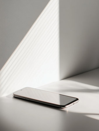 A modern smartphone is placed on a white surface, illuminated by soft diffused lighting that enhances its sleek design in a minimalist setting.の素材