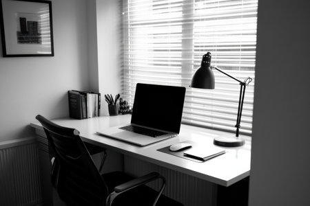 Home office exudes sophistication with its black and white decor, clean desk, laptop, and sleek lamp, creating an inviting atmosphere for work.の素材