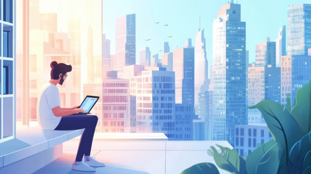 A young digital nomad sits on a balcony, focusing on a tablet with a bustling city as the backdrop.の素材