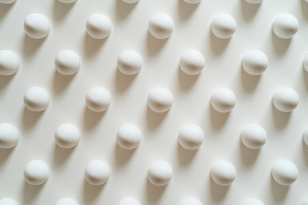 Matte white spheres are evenly arranged in a structured pattern against a soft neutral background, showing modern minimalism with elegance and clarity.の素材