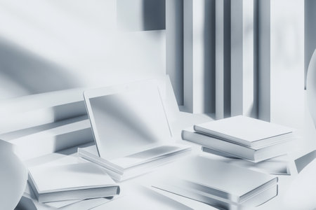 This elegant and professional education-themed arrangement showcases stacked books and a digital tablet, set against a refined monochrome gradient.の素材