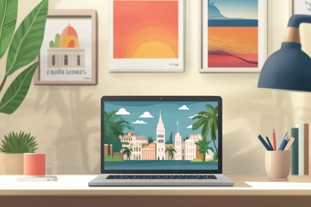 Engaging in virtual language learning with conversation exercises displayed on a laptop amidst travel posters in a modern and inviting educational environment.の素材