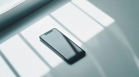 A sleek smartphone sits on a clean white surface, softly lit, showing its modern minimalist design in an uncluttered space.の素材