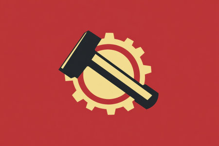 Highlighting industrial strength, a labor day logo showcases a gear and hammer symbolizing unity and celebration of workers in a modern flat styleの素材