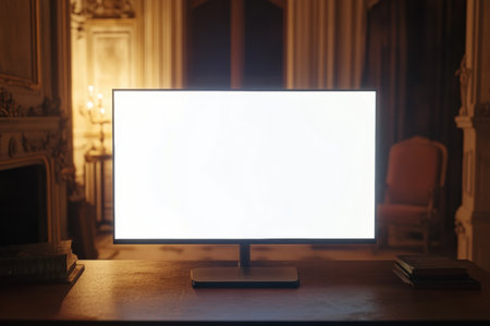 A sleek desktop monitor shows a bright white screen in a minimal workspace, featuring soft shadows that add elegance to the professional style.の素材