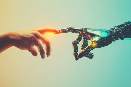 A human hand and a robotic hand touch, depicting a symbolic struggle between humanity and artificial intelligence in a futuristic context.の素材