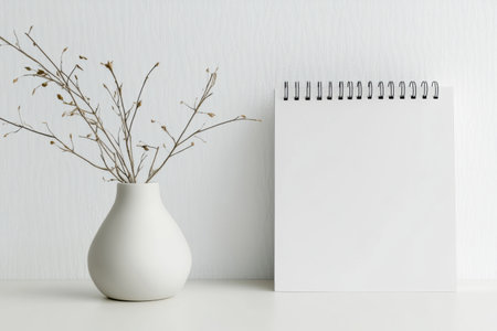 A clean structured composition showcases a blank desk calendar next to a sleek vase of dried flowers, exuding a calm and contemporary aesthetic.の素材