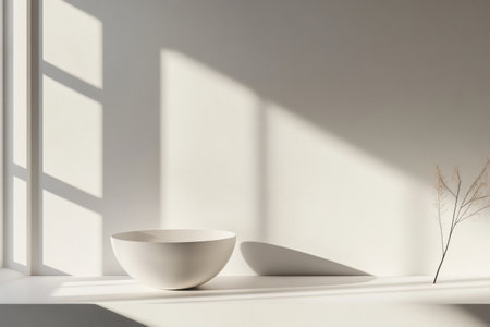Soft shadows create a tranquil atmosphere on a smooth white surface, revealing minimalist design elements and a sense of peaceful elegance throughout the space.の素材
