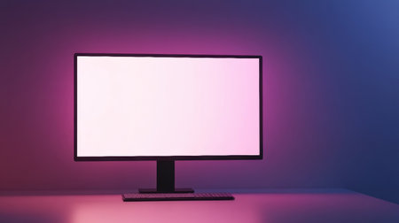 A bright white screen on a sleek desktop monitor enhances a minimalistic workspace, creating a clean and professional atmosphere with soft shadows.の素材