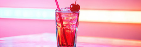 A vibrant soda adorned with a cherry sits on a table, illuminated by radiant pink and red neon lights, capturing the nostalgic essence of the 50s.の素材