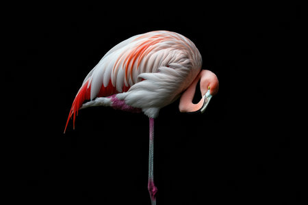 A flamingo elegantly balances on one long leg, its head tucked gracefully while displaying vibrant shades of pink and white against a dark background.の素材