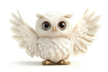 A charming owl sits calmly with its wings fully extended, displaying its soft feather texture and large, expressive eyes in a serene white environment.の素材