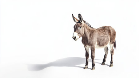 The mini donkey exhibits a charming pose, highlighting its soft fur and distinctive features against a clean white backdrop that enhances its rustic appeal.の素材