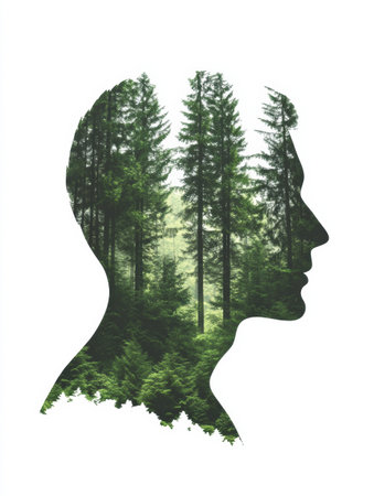 A silhouette of a human profile is creatively filled with a rich forest texture, symbolizing the connection between nature and contemplation.の素材