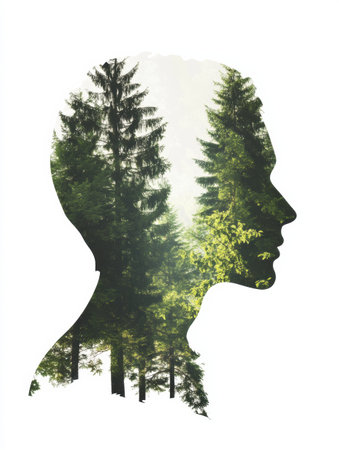 A silhouette of a human profile showcases a vibrant forest texture, symbolizing nature and deep contemplation in a serene atmosphere.の素材