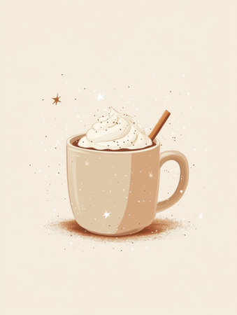 Warm hot cocoa served in a minimal mug adorned with cream and whimsical star sprinkles, set against a soothing beige backdrop perfect for winter enjoyment.の素材