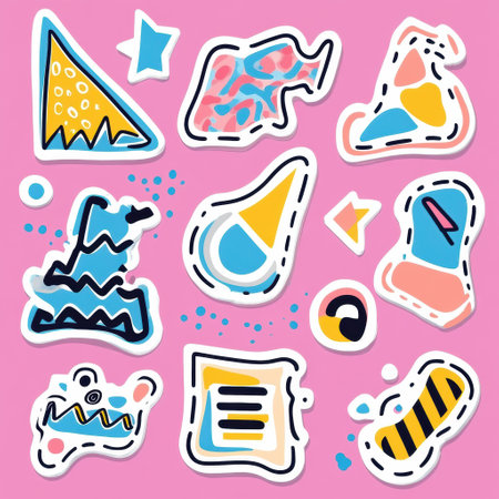 Bright and playful Memphis style abstract shapes create a lively composition filled with zigzags, squiggles, dots, and triangles against a colorful background.の素材