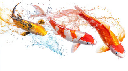 Three koi fish leap from a splash, displaying bright colors and unique patterns, creating a lively and energetic moment against a pure white backdrop.の素材