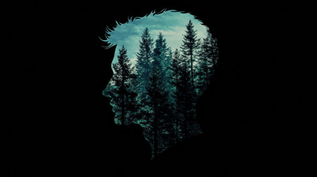A human head silhouette filled with vibrant forest imagery symbolizes deep thoughts on nature, creativity, and personal reflection.の素材
