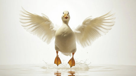 A duck is jumping up with wings open and a playful expression, creating a humorous freeze-frame on a clean white background.の素材