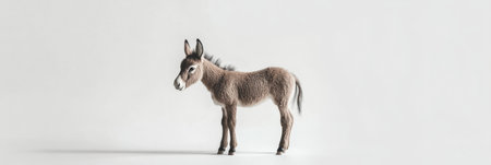 A mini donkey stands poised and charming, surrounded by a rustic ambiance against a white backdrop that enhances its playful features and soft fur.の素材