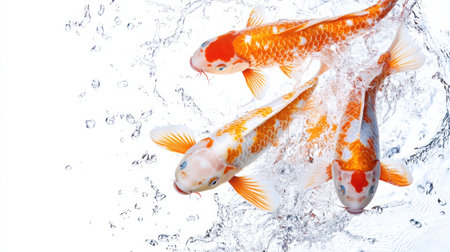 Three vibrant koi fish jump from a splash of water, capturing a lively moment filled with energy set against a clean white backdrop.の素材