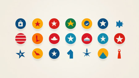 Colorful flat icons represent various political ideologies and parties, neatly arranged on a neutral background for clarity.の素材