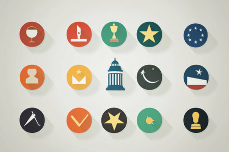 Colorful flat icons depict different political ideologies and parties arranged in a grid on a neutral background, representing a vibrant political landscape.の素材