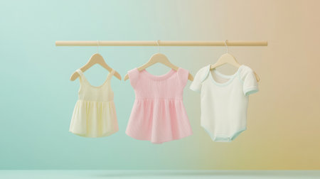 Minimalist baby clothing hangers display delicate dresses and shirts, suspended in a soft and vibrant backdrop, creating a dreamy and inviting environment.の素材