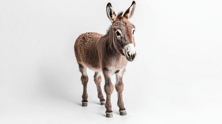 This mini donkey stands in a rustic pose, showing its charm and character against a smooth white backdrop that enhances its features.の素材