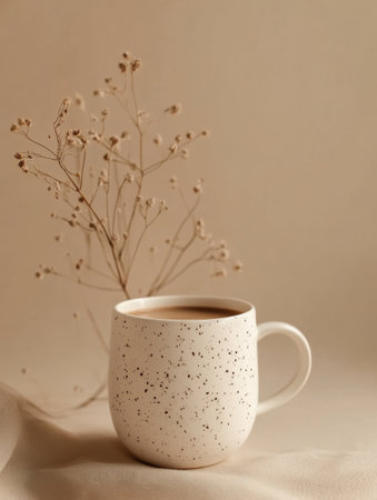 A minimal design features a hot cocoa mug topped with cream and stars, set against a soft beige backdrop, evoking warmth and comfort on a chilly day.の素材