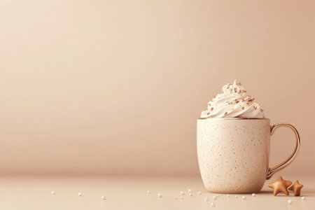 A cozy hot cocoa mug with whipped cream and stars against a soft beige backdrop sets a warm winter vibe.の素材