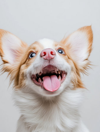 Joyful corgi puppy stands playfully in a bright studio, tongue out and eyes sparkling, embodying the spirit of fun and excitement in its expression.の素材