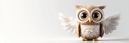 A cute owl sits calmly with wings spread wide, displaying its soft feathers and detailed eyes against a simple white background in daylight.の素材