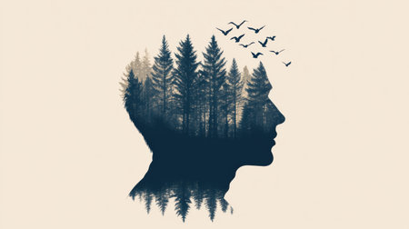 A human profile features silhouette of a vibrant forest texture, representing a deep connection to nature and the inner thoughts inspired by the environment.の素材