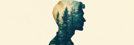 A human profile silhouette is creatively filled with rich forest textures, symbolizing a connection to nature and inspiring deep thoughts about the environment.の素材