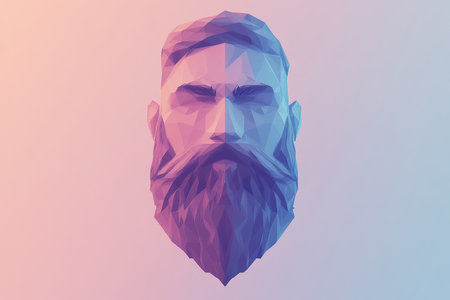 A striking low-poly beard design appears in 3D style with a softly blended gradient background, reflecting contemporary digital art trends and creativity.の素材