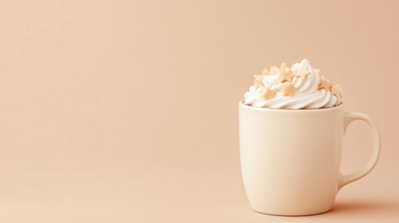 A cozy hot cocoa mug topped with cream and star sprinkles rests on a soft beige background, ideal for winter enjoyment.の素材