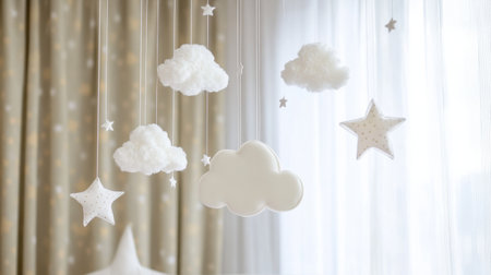 Soft clouds and delicate stars dangle from invisible strings, creating a serene atmosphere perfect for a nursery or childrens room decor.の素材