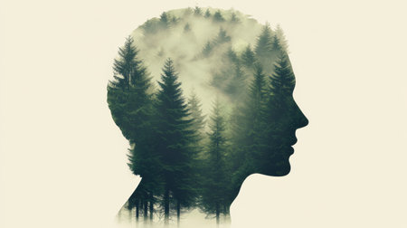 Silhouette of a human head merges with lush greenery, showcasing the harmony between human thought and natural beauty in a peaceful setting.の素材